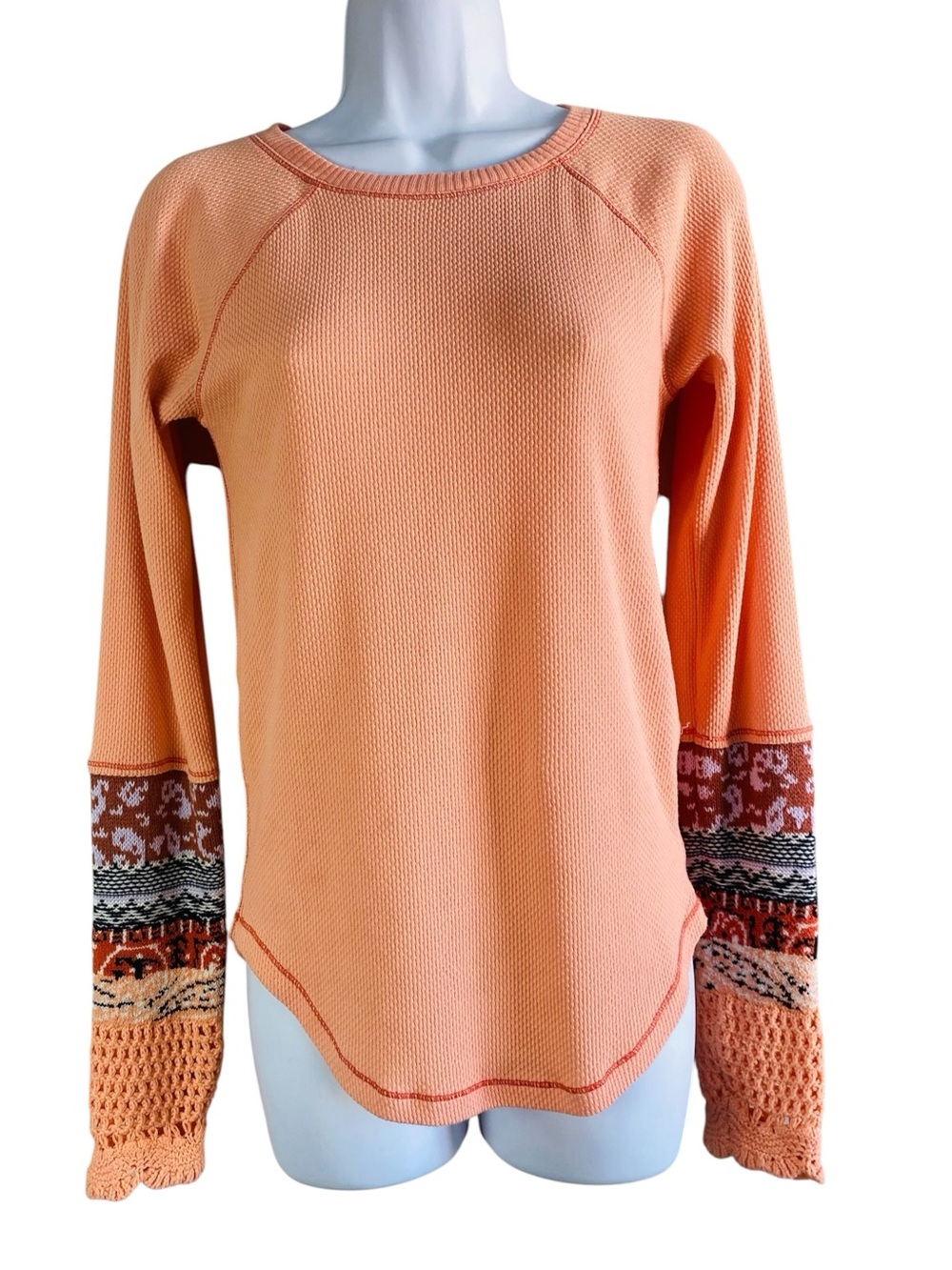 Free People Coral In The Mix Jacquard Cuff Long Sleeve Top Size M